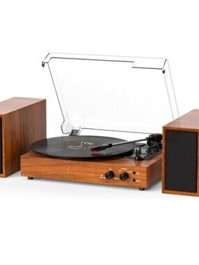 Wood Grain Turntable with Speakers - Vintage Brown Record Player